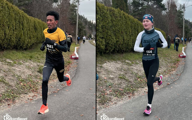 Nahom Tewelde og Gjendine Gjelstad Rebård tok førsteplassene på den korteste distansen i Lier søndag formiddag. (Foto: Rekordløpet)