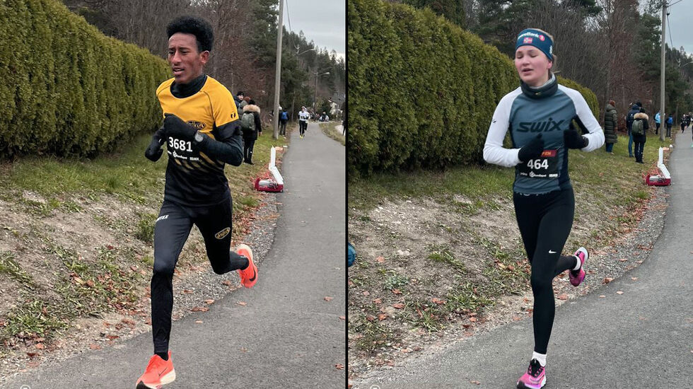 Nahom Tewelde og Gjendine Gjelstad Rebård tok førsteplassene på den korteste distansen i Lier søndag formiddag. (Foto: Rekordløpet)