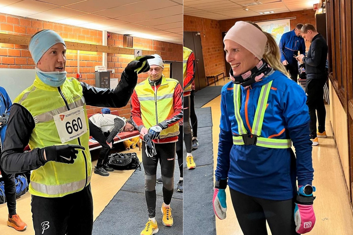 Vinnerne Henning Mortensen og Ida Gjermundshaug Pedersen gjør seg klare til kveldens løp. (Foto: Esther Innselset)