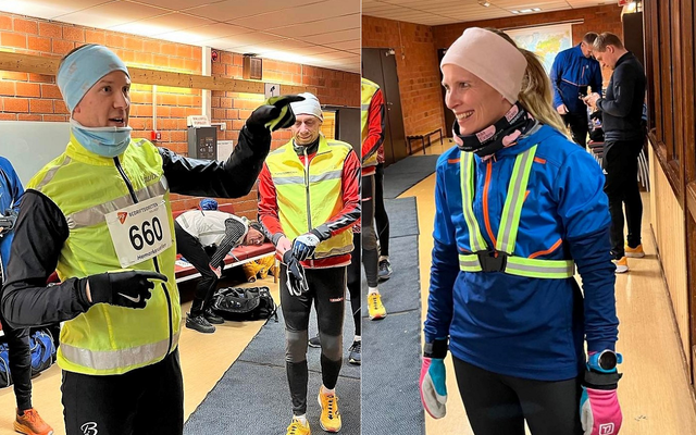 Vinnerne Henning Mortensen og Ida Gjermundshaug Pedersen gjør seg klare til kveldens løp. (Foto: Esther Innselset)