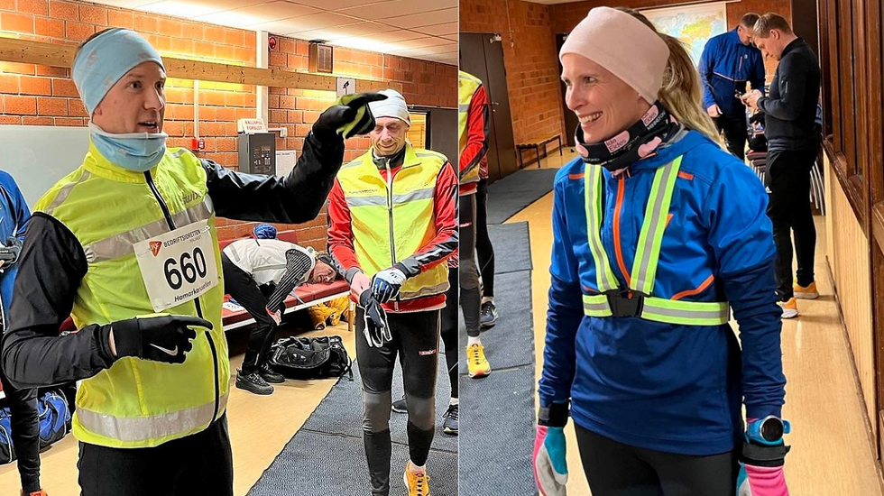 Vinnerne Henning Mortensen og Ida Gjermundshaug Pedersen gjør seg klare til kveldens løp. (Foto: Esther Innselset)