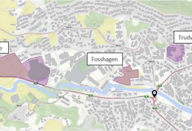 Kart over Sogndal sentrum. Dei tre alternativa frå høgre: Trudvang, Fosshagen og Kvåle er teikna inn.
