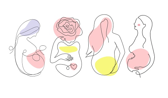 Pregnant Women Silhouettes Set Line Art Style Mother Sock Set Boho One Line Drawing with Accent Color Spots for Wall Art, Card Printing, Maternity Products