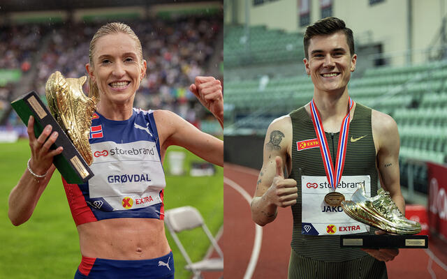 Karoline Bjerkeli Grøvdal og Jakob Ingebrigtsen kan motta nok et eksemplar av Kondis' gullsko etter sterke prestasjoner i 2022. (Foto: Samuel Hafsahl)