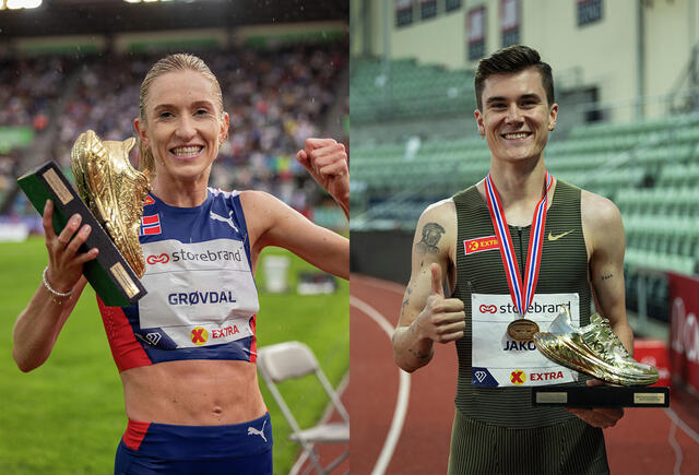 Karoline Bjerkeli Grøvdal og Jakob Ingebrigtsen kan motta nok et eksemplar av Kondis' gullsko etter sterke prestasjoner i 2022. (Foto: Samuel Hafsahl)