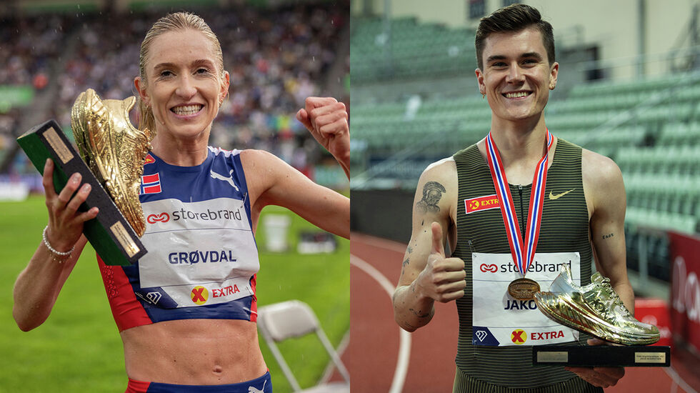Karoline Bjerkeli Grøvdal og Jakob Ingebrigtsen kan motta nok et eksemplar av Kondis' gullsko etter sterke prestasjoner i 2022. (Foto: Samuel Hafsahl)