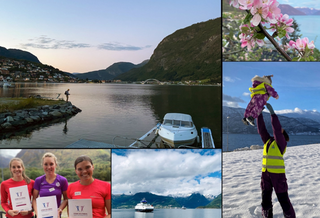 Bildecollage frå framsida av planen: Sogndalsfjorden med Loftesnesbrui i bakgrunnen, ein kvist med epleblomar, tre damer i treningsklede, ei ferje og til sist ei dame som løfter eit barn i lufta