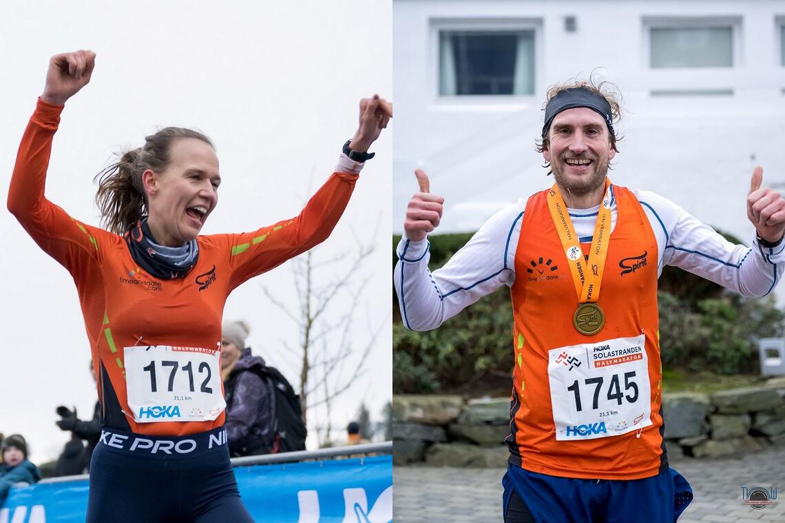 To jublende glade halvmaratonvinnere på Sola lørdag. (Foto: Trine Nessler Wichmann)
