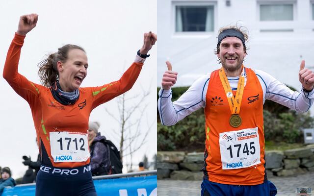 To jublende glade halvmaratonvinnere på Sola lørdag. (Foto: Trine Nessler Wichmann)