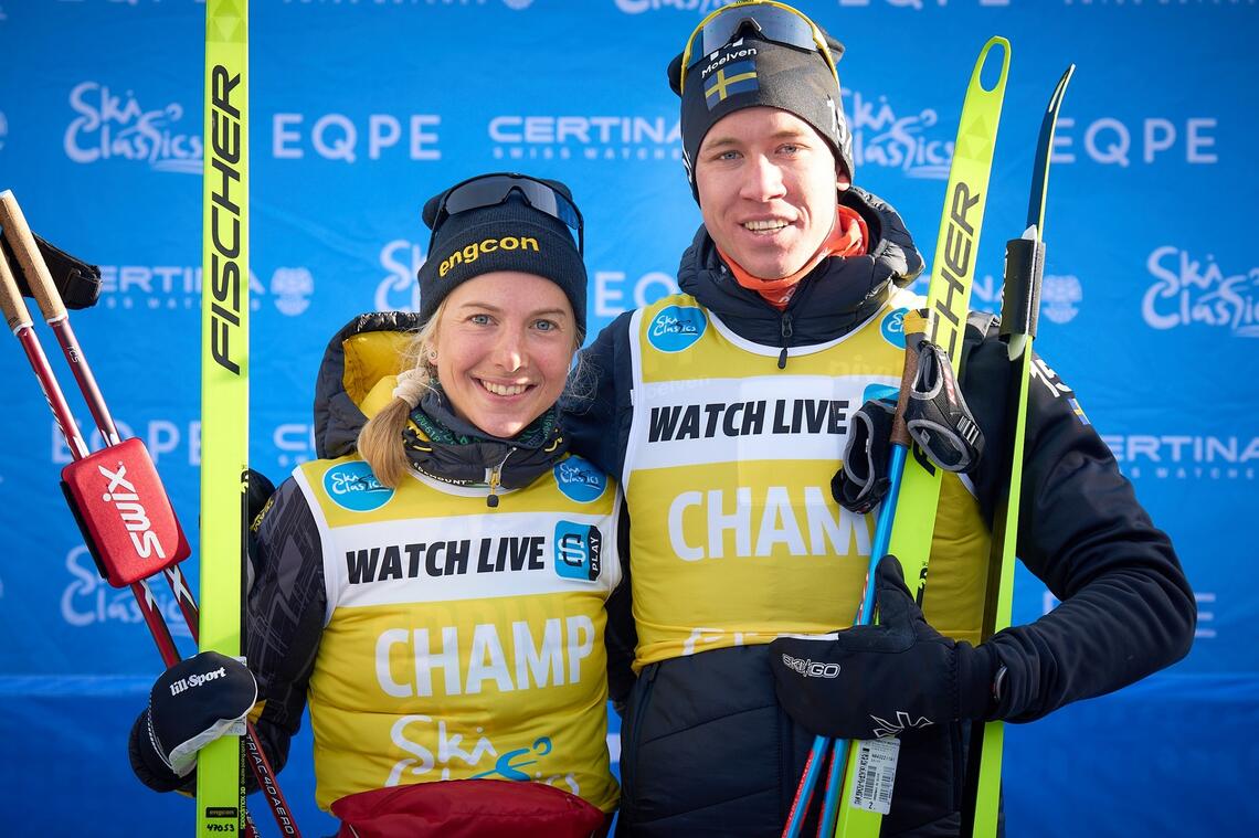 Ida Dahl og Emil Persson har vært kledd i gult så langt i Ski Classics-sesongen. (Foto: Vanzetta/Nordic Focus)