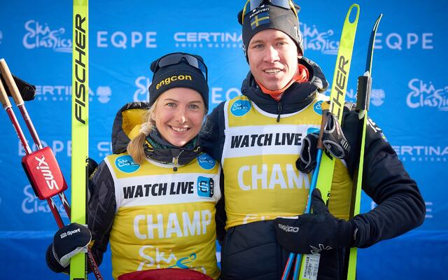 Ida Dahl og Emil Persson har vært kledd i gult så langt i Ski Classics-sesongen. (Foto: Vanzetta/Nordic Focus)