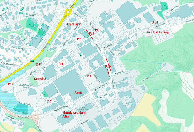 Kart over parkeringsplasser på Alta sentrum