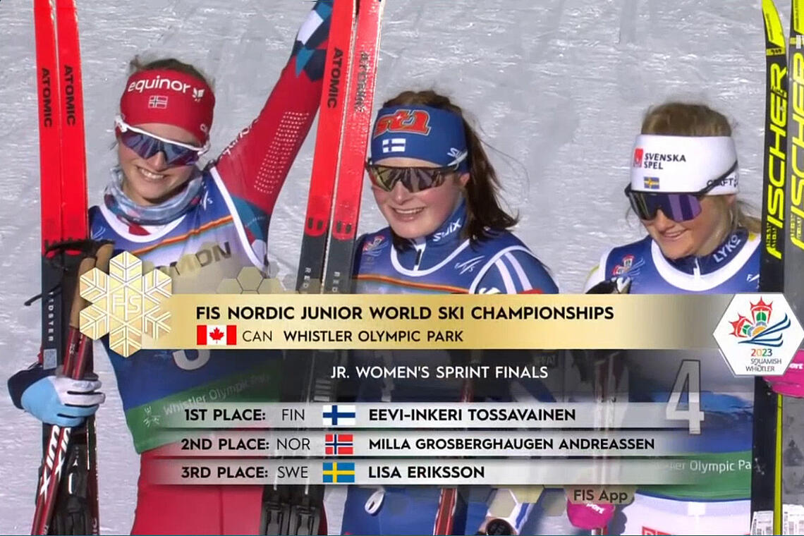De tre beste i VM-finalen for kvinner: Milla Grosberghaugen Andreassen, Eevi-Inkeri Tossavainen og Lisa Eriksson. (Foto: skjermprint NRK)