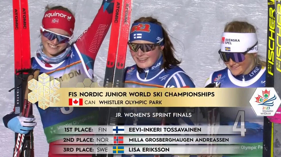 De tre beste i VM-finalen for kvinner: Milla Grosberghaugen Andreassen, Eevi-Inkeri Tossavainen og Lisa Eriksson. (Foto: skjermprint NRK)