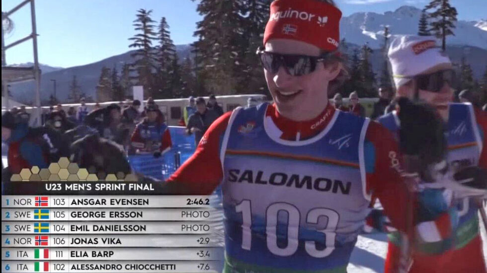 Ansgar Evensen kan nå kalle seg verdensmester i sprintlangrenn. (Foto: skjermprint fra NRK)