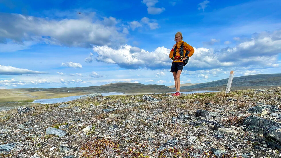 Dag 12: Mona Kjeldsberg nyter panoramautsikten fra Skaidimassivet mot Pitshusjaervi.	