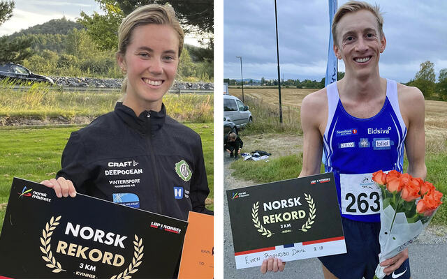 Kristine Lande Dommersnes og Even Brøndbo Dahl hadde de to beste norske tidene på 3 km gateløp i fjor og står bokført med hver sin norske rekord. (Foto: Forusløpet / Jann Post)
