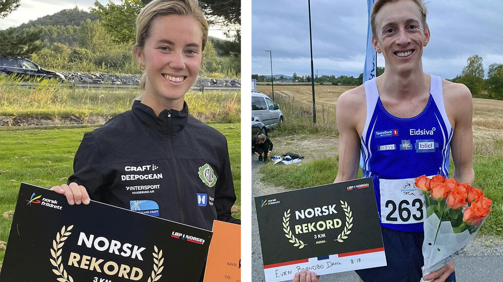 Kristine Lande Dommersnes og Even Brøndbo Dahl hadde de to beste norske tidene på 3 km gateløp i fjor og står bokført med hver sin norske rekord. (Foto: Forusløpet / Jann Post)