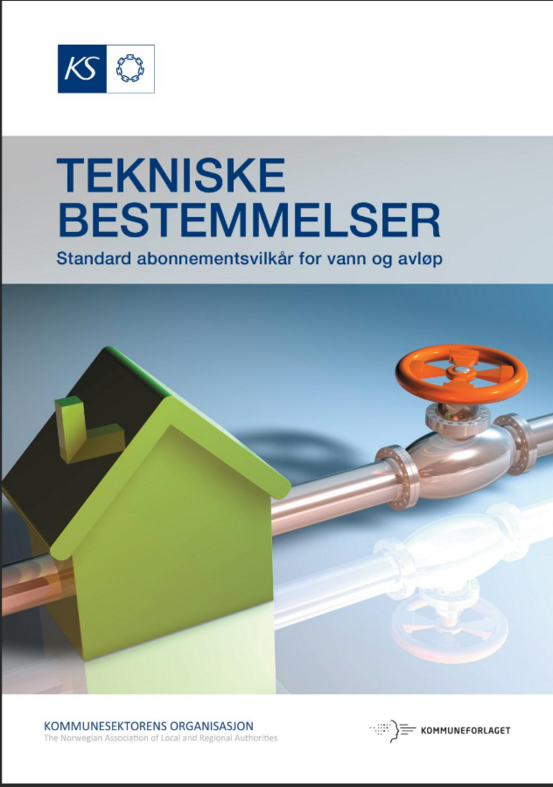 Framsida av ein brosjyre med tittel: Tekniske bestemmelser frå KS. Illustrasjons med hus og eit røyr som går gjennom huset.