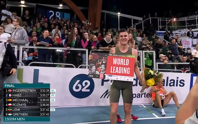 Jakob Ingebrigtsen kunne glede seg over sin tredje strake seier på 1500 m i dette stevnet i Lievin i Frankrike. (Foto: World Athletics streaming)