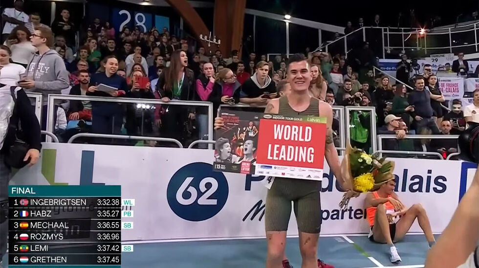 Jakob Ingebrigtsen kunne glede seg over sin tredje strake seier på 1500 m i dette stevnet i Lievin i Frankrike. (Foto: World Athletics streaming)