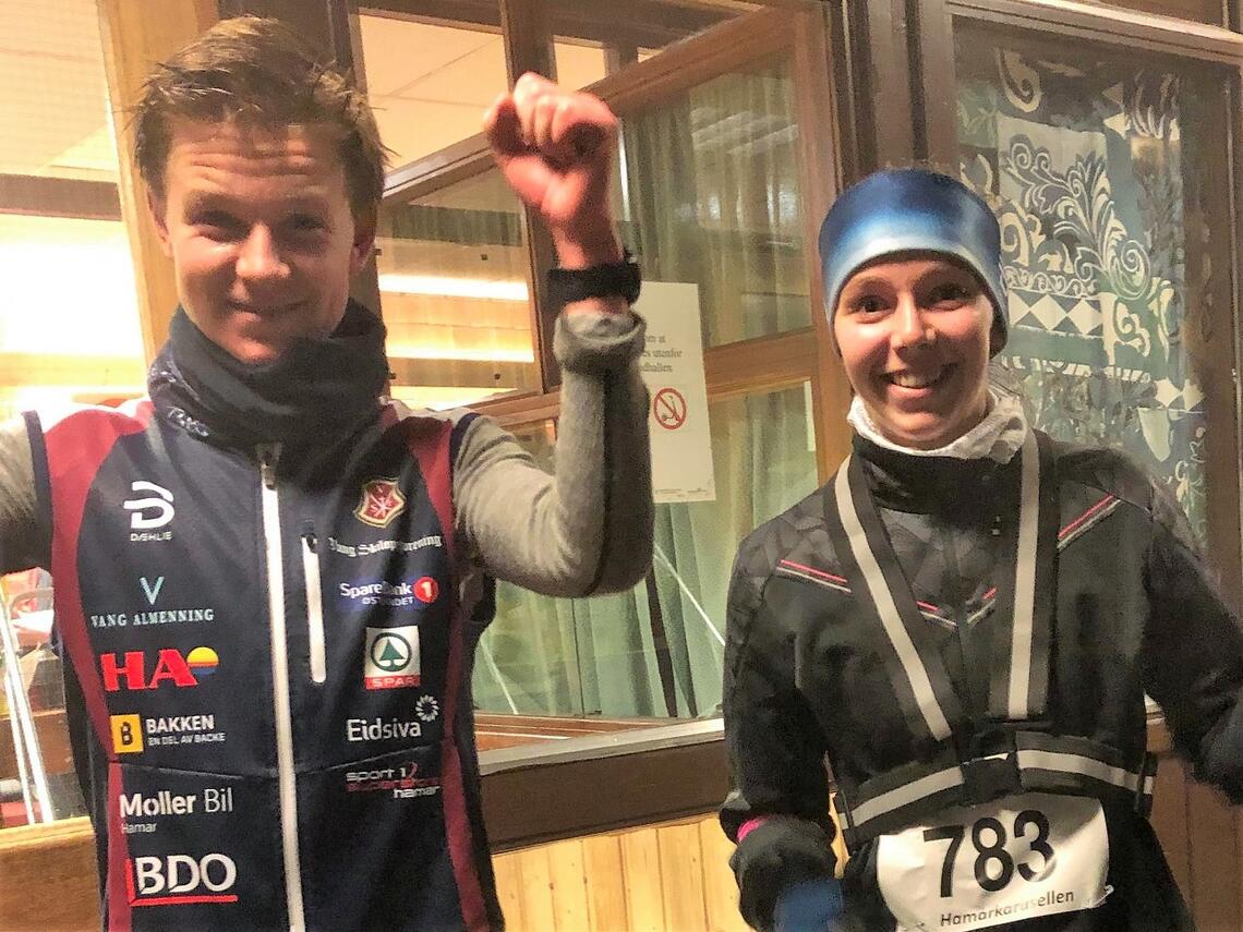Alltid moro å vinne, og Marcus Danielsen og Heidi Syversen kunne juble for seier igjen. (Foto fra Hamarkarusellens facebookside)
