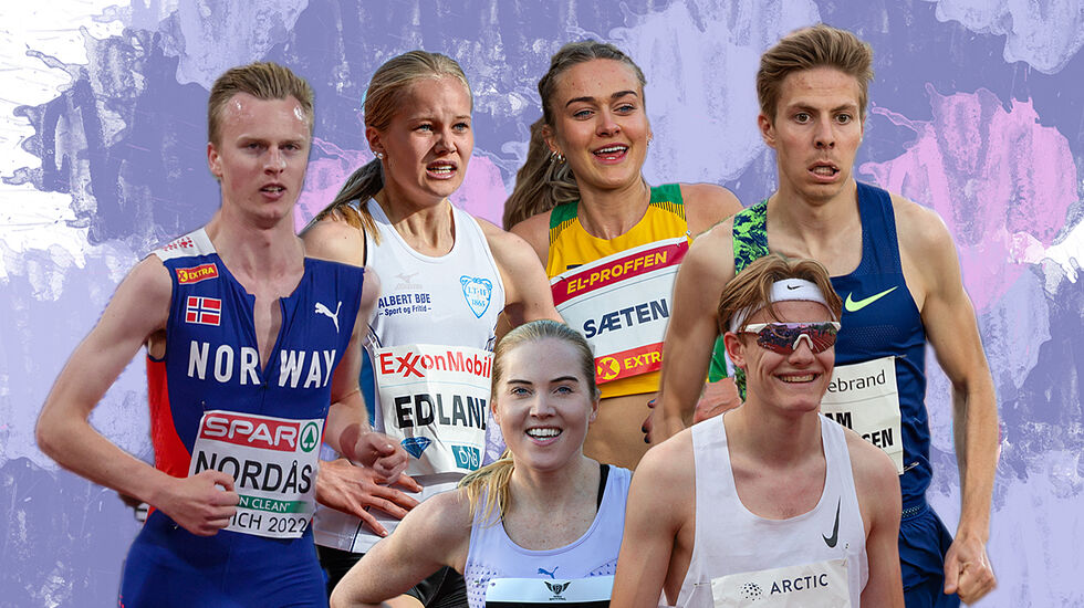 Narve Gilje Nordås, Malin Edland, Amalie Sæten, Per Svela, Kristine Eikrem Engeset og Ole Jakob Solbu er noen av favorittene til NM Friidrett innendørs i helgen. (Foto: Kondis)