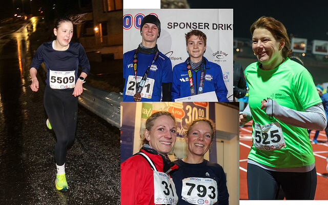 Anna Hanstveit løper inn til en klar seier på 5 km, sammen med mange andre entusiastiske deltakere i Necon Vinterkarusell. (Foto: Arne Dag Myking)
