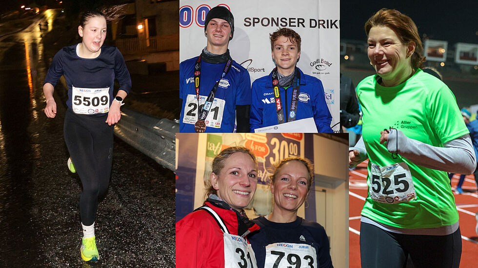 Anna Hanstveit løper inn til en klar seier på 5 km, sammen med mange andre entusiastiske deltakere i Necon Vinterkarusell. (Foto: Arne Dag Myking)