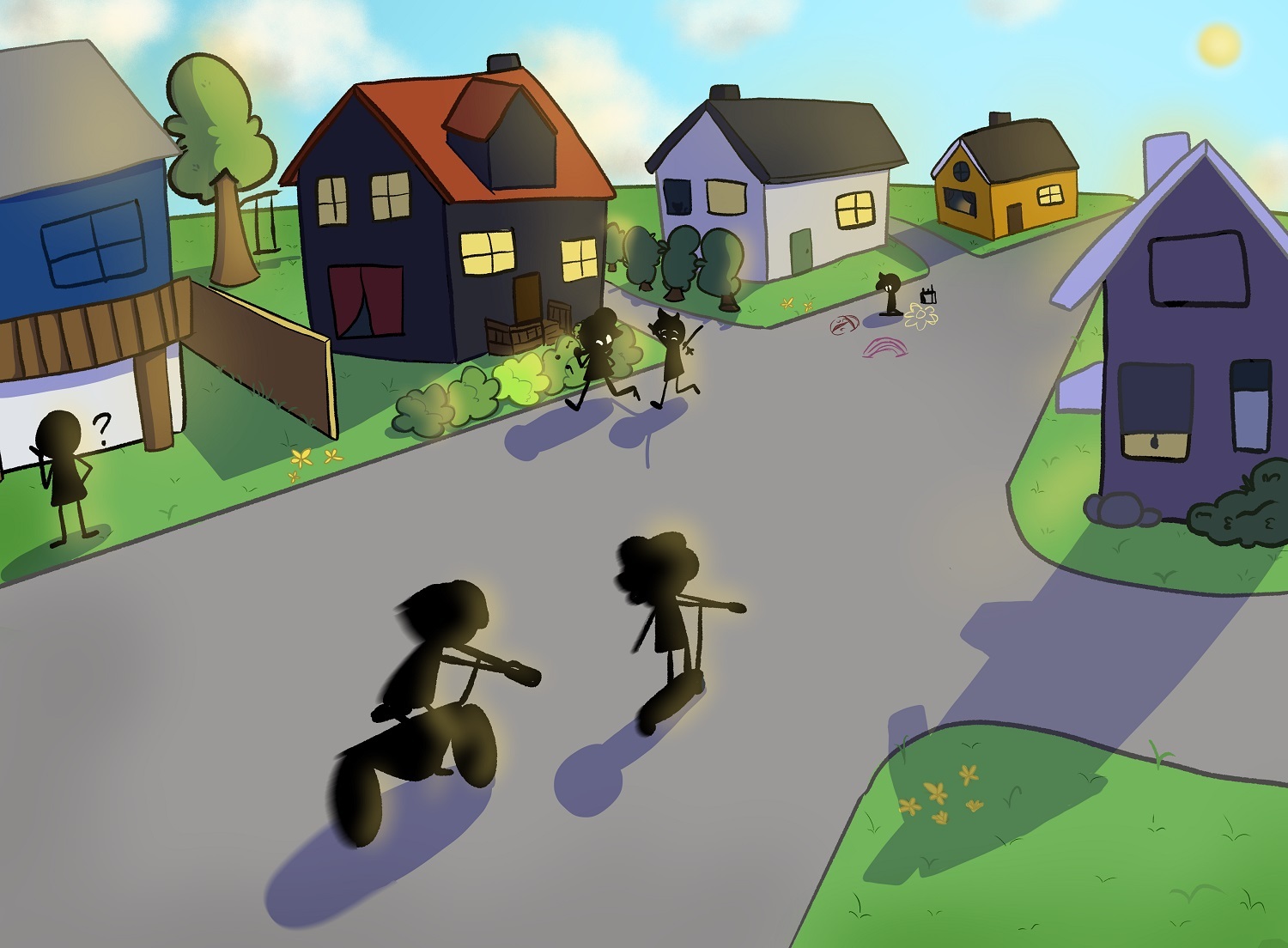 Illustrasjon - en gate med barn som leker utenfor husene