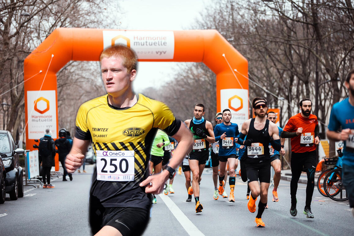 Bilde fra Paris halvmaraton. Innfelt: Knut Borkholm fra junior-NM 2020. (Foto: FB-side Paris Halvmaraton/ Arne Dag Myking)