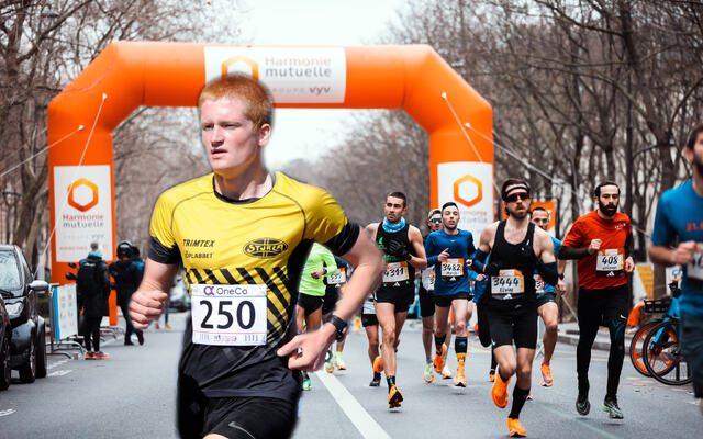 Bilde fra Paris halvmaraton. Innfelt: Knut Borkholm fra junior-NM 2020. (Foto: FB-side Paris Halvmaraton/ Arne Dag Myking)