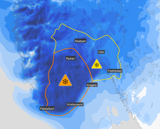 Meteorologisk Institutt har sendt ut farevarsel for mykje snø i Agder og Telemark.