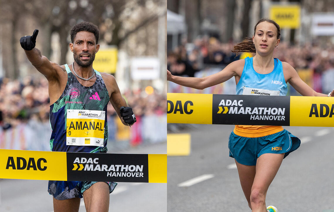Amanal Petros fra Tyskland og Matea Parlov Kostro fra Kroatia satte begge løyperekord i Hannover Marathon. (Foto: Norbert Wilhelmini, arrangøren)