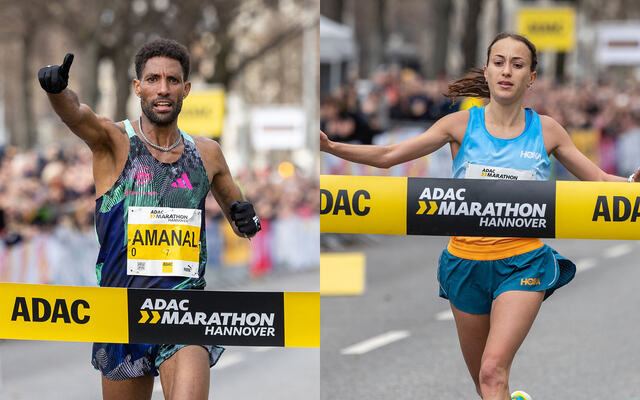 Amanal Petros fra Tyskland og Matea Parlov Kostro fra Kroatia satte begge løyperekord i Hannover Marathon. (Foto: Norbert Wilhelmini, arrangøren)