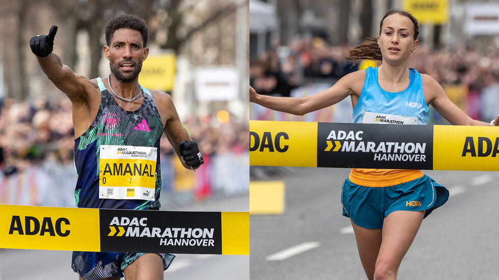 Amanal Petros fra Tyskland og Matea Parlov Kostro fra Kroatia satte begge løyperekord i Hannover Marathon. (Foto: Norbert Wilhelmini, arrangøren)