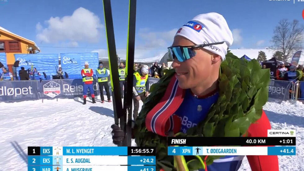 Martin Løwstrøm Nyenget vant i Reistadløpet i år som i fjor. (Foto: skjermdump NRK)