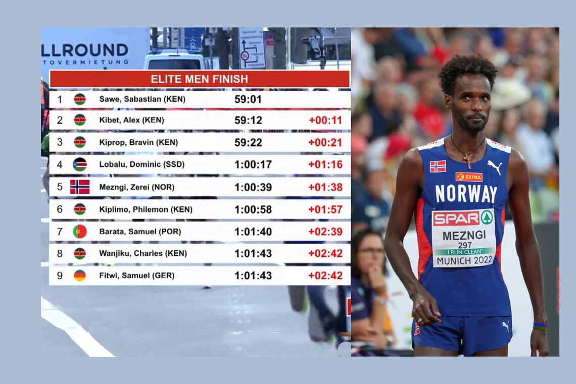 Det ble en norsk 5. plass i årets Berlin Maraton da Zerei Kbrom Mezngi løp inn på 1:00:39. (Foto: skjermdump/Arne Dag Myking)