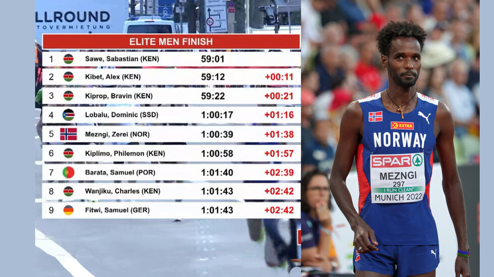 Det ble en norsk 5. plass i årets Berlin Maraton da Zerei Kbrom Mezngi løp inn på 1:00:39. (Foto: skjermdump/Arne Dag Myking)