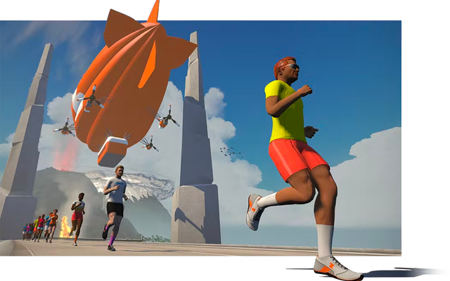 Løping i programmet Zwift kan gjøre tredemølleopplevelsen mange hakk artigere. (Skjermdump fra zwift.com)
