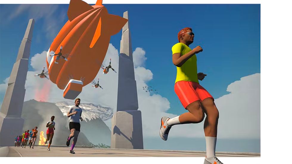 Løping i programmet Zwift kan gjøre tredemølleopplevelsen mange hakk artigere. (Skjermdump fra zwift.com)