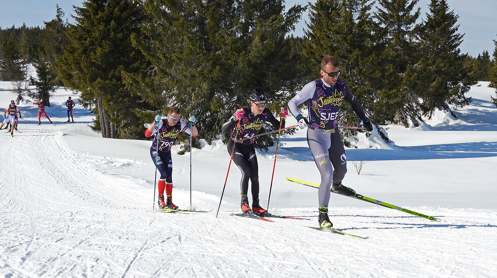 Petter Northug med startnummer SJEF foran Simen Engevik og Petter Myhr. (Foto: Stein Arne Negård)