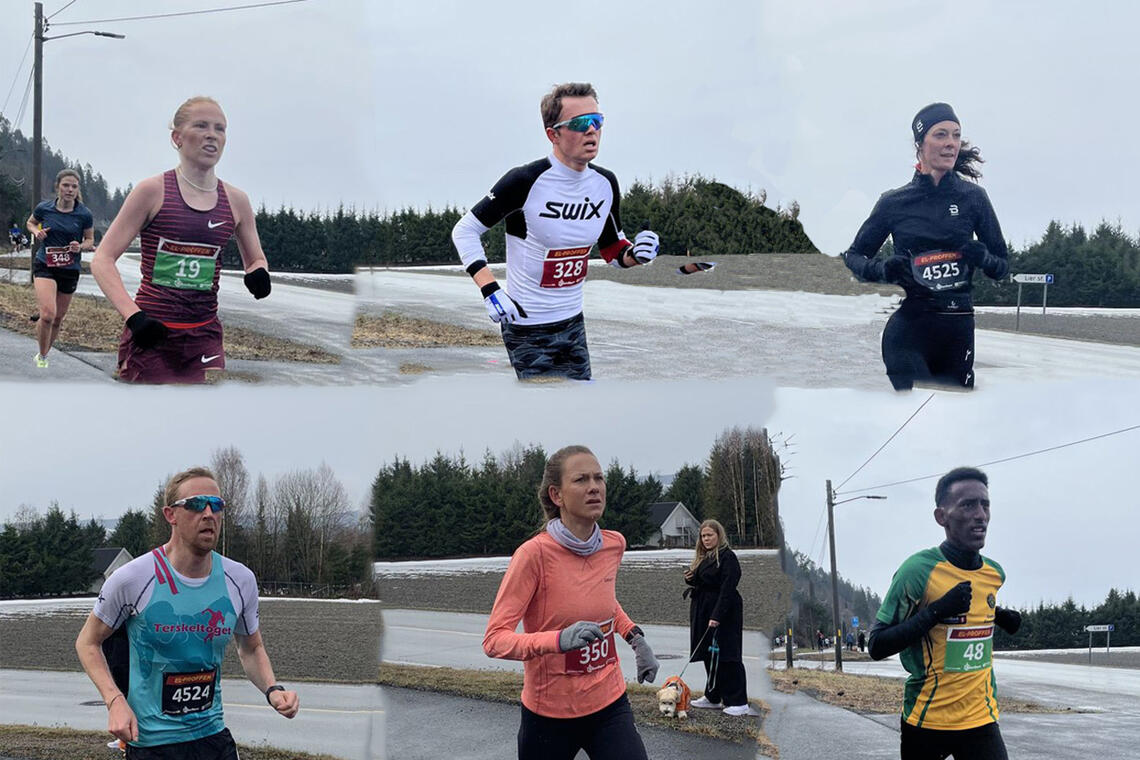 Dette er vinnerne på de tre distansene: Ina Halle Haugen, Stian Christoffersen, Julie Nordgård, Terje Aas, Karoline Nikolaisen og Tewelde Nahom. (Foto fra arrangørens fototjeneste)