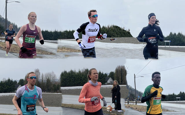 Dette er vinnerne på de tre distansene: Ina Halle Haugen, Stian Christoffersen, Julie Nordgård, Terje Aas, Karoline Nikolaisen og Tewelde Nahom. (Foto fra arrangørens fototjeneste)