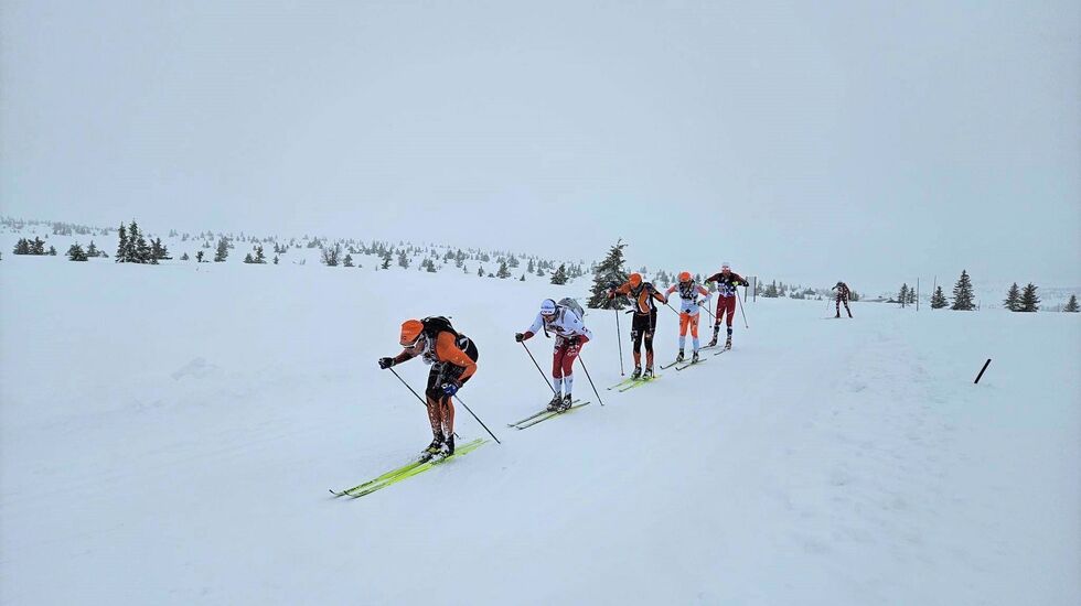 Magnus Bleken fører an i tetgruppa på hoveddistansen 95 km klassisk med ca. fire mil igjen til mål. (Foto fra Lillehammer Troll Ski Marathons facebookside)