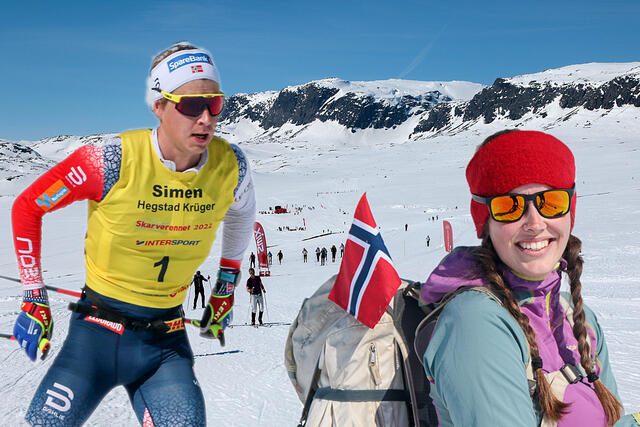 Eliteløper Simen Hegstad Krüger og en mosjonist foran Hallingskarvet