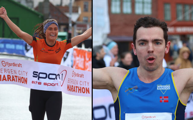 Tage Morken Augustson og Helena Hope vant Bergen City Maraton. (Foto: Arne Dag Myking)
