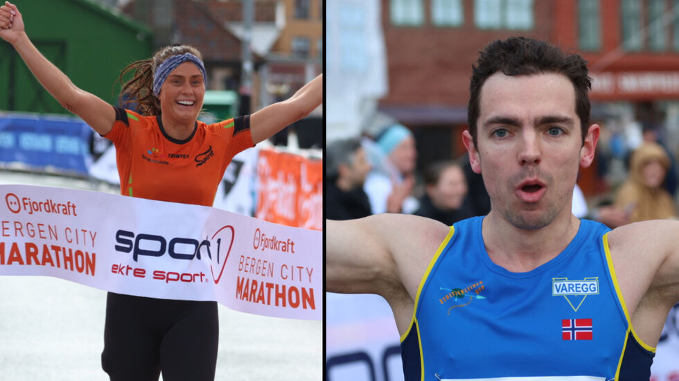 Tage Morken Augustson og Helena Hope vant Bergen City Maraton. (Foto: Arne Dag Myking)
