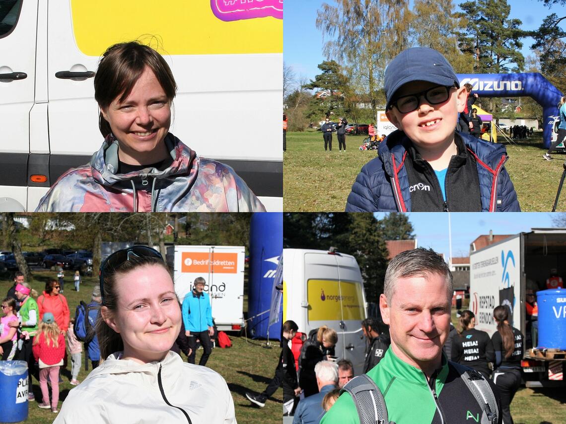 Arrangør Marte Lohne samt deltagerne Alvin Haarr (øverst),  Elise Fjeldstad og Jan Inge Gundersen (nederst) koste seg på løp på Hamresanden torsdag. (Foto: Sverre Larsen)