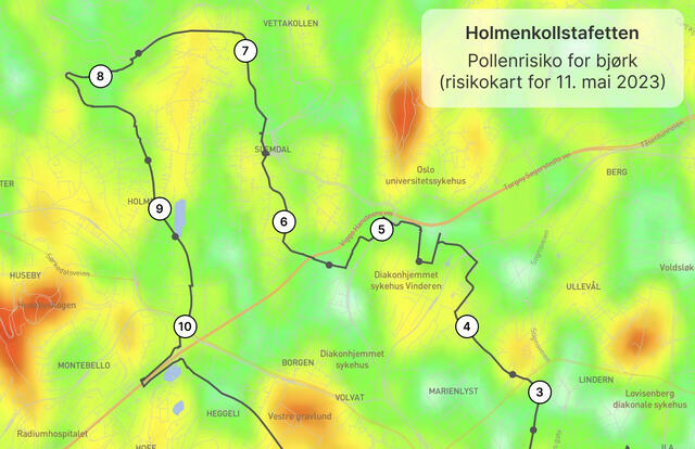Det er en god del lokale forskjeller hva pollenmengde i lufta angår, sjøl innafor et geografisk begrensa område som Oslo. (Kart, bilde: airmine)